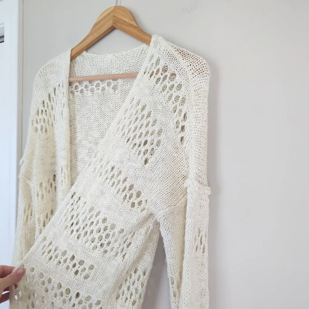 Y2K Open Tan Knit Beige Cardigan Top XS Fairy Grunge Festival Boho Coastal Beach